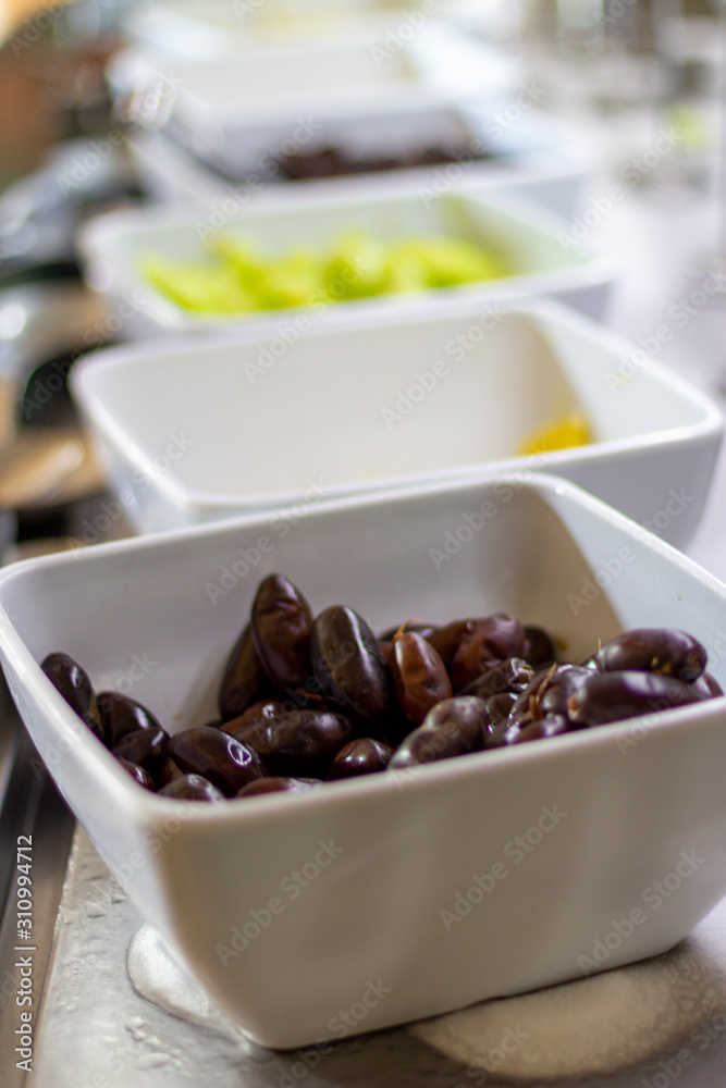 Breakfast buffet at the hotel with fruit bowls. Breakfast buffet at the hotel with fruit bowls.