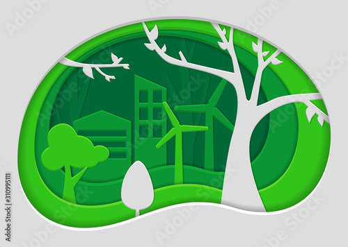 Eco friendly concept with city and nature. Paper cut style illustration