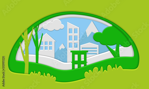 Eco friendly concept with city and nature. Paper cut style illustration