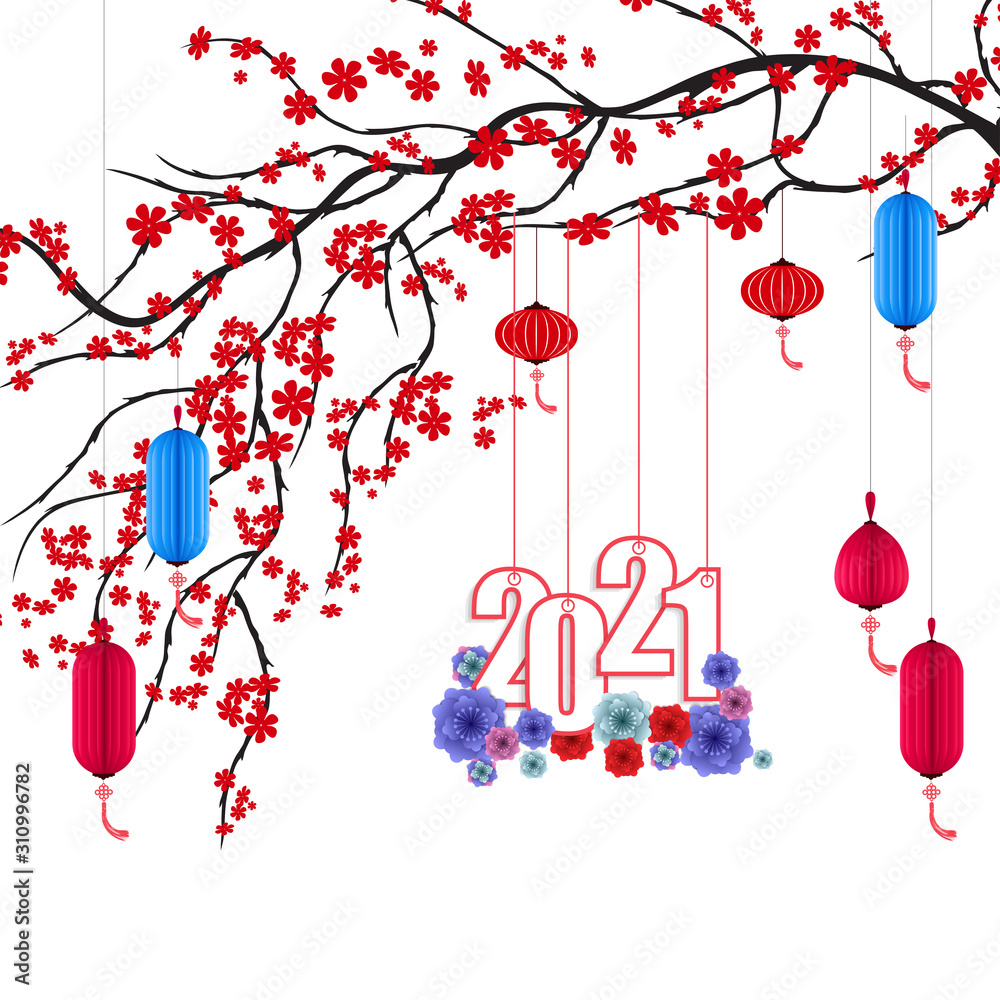 Obraz premium Happy chinese new year 2021 year of the ox flower and asian elements with craft style on background