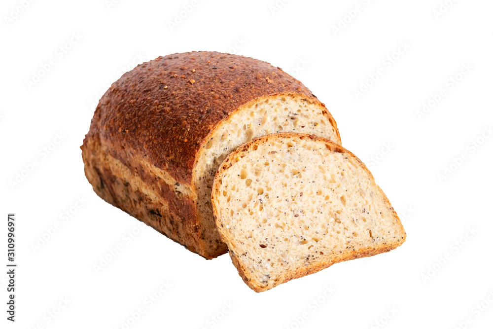 close up of organic brown bread with cereal and grains for healthy isolated on white background with clipping path. close up of organic brown bread with cereal and grains for healthy isolated on white background with clipping path.