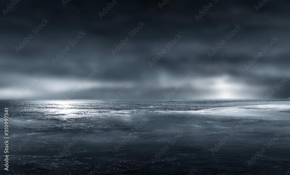 Dark street, wet asphalt, reflections of rays in the water. Abstract dark blue background, smoke, smog. Empty dark scene, neon light, spotlights. Concrete floor