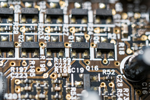 Closeup of computer micro circuit board with integrated chipset