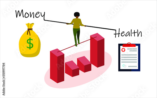 Keep the balance between money and health. which is more important will always weigh harder. A woman who sits on top of a chart and tries to keep her balance. Money dolar bag and doctor's prescription