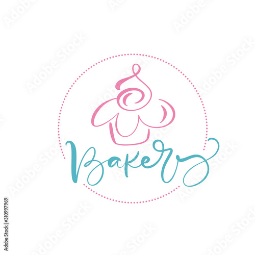 Bakery vector calligraphic text with logo. Sweet cupcake with cream, vintage dessert emblem template design element. Candy bar birthday or wedding invitation