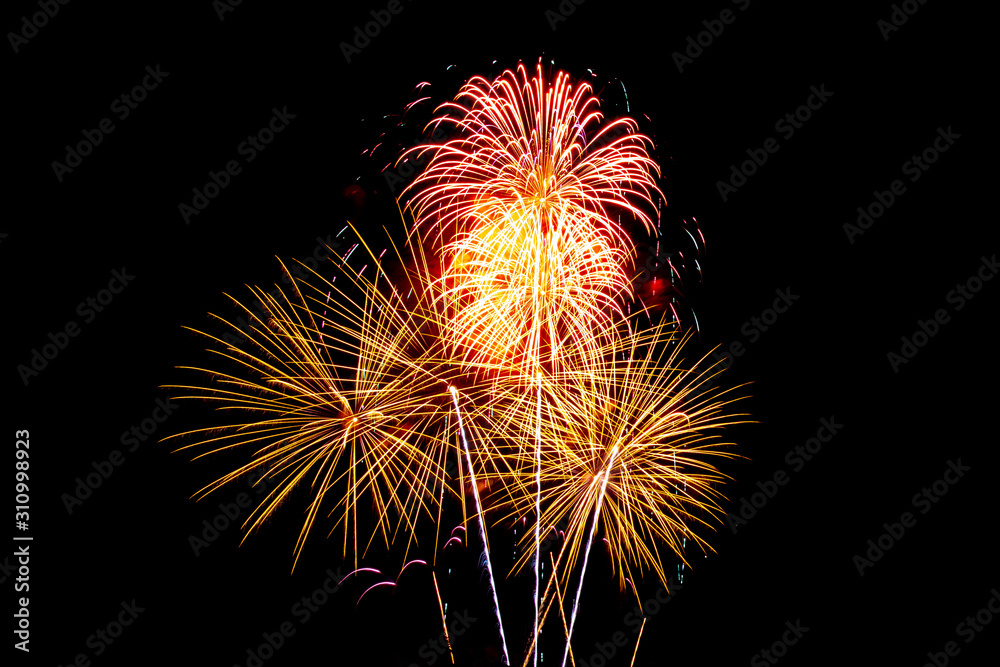 Fireworks for celebrate new year of 2020 isolated on black or dark background at night time.