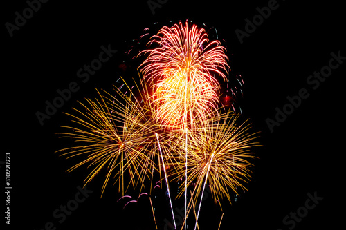 Fireworks for celebrate new year of 2020 isolated on black or dark background at night time.