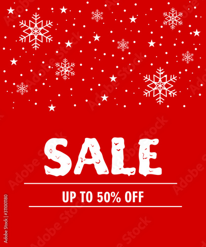  Christmas sale banner, poster. Vector illustration with snowflakes and stars on isolated red background