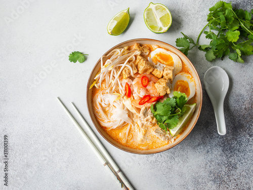 Photography Malaysian noodles laksa soup with chicken, prawn and tofu in a bowl on grey back