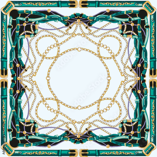 Ornamental, traditional, ethnic, folk pattern for bandanna, shawl, scarf, silk, kerchief print. Fashion fabric design. Textile figures. Golden chains and accessories with belts. - illustration