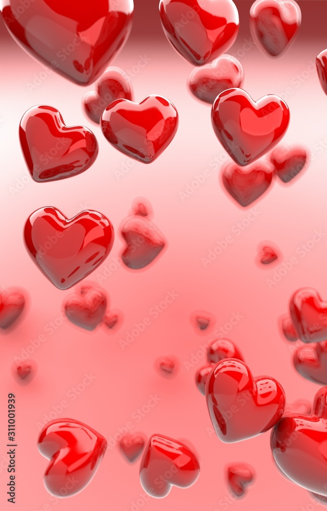 Valentine's Day background with red hearts on pink,3d render. Valentine's Day background with red hearts on pink,3d render.