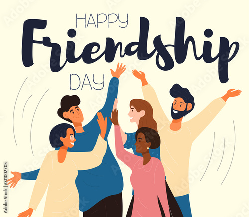 Happy Friendship Day card or poster design with a group of multiethnic friends raising their hands in a high fives greeting with happy smiles, colourful vector illustration