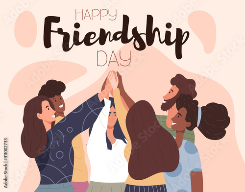Happy Friendship Day card or poster design with a group of multiethnic friends raising their hands in a high fives greeting with happy smiles, colourful vector illustration
