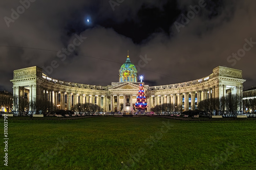 Kazan Cathedral with Christmas illumination in Saint Petersburg, Russia