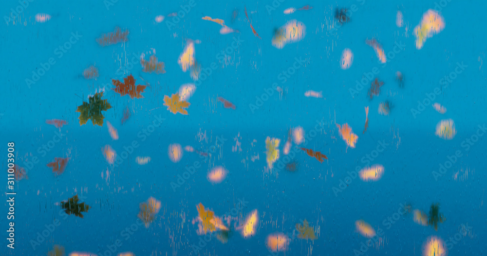 3d rendering. Autumn leaves on rainy glass texture. concept of fall season. abstract autumn background. orange maple leaves in rain. rainy day weather 3d rendering. Autumn leaves on rainy glass texture. concept of fall season. abstract autumn background. orange maple leaves in rain. rainy day weather