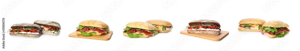 Set of delicious sandwiches on white background. Banner design Set of delicious sandwiches on white background. Banner design