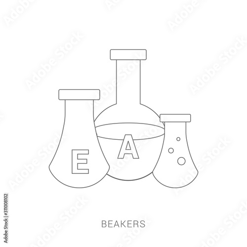 Chemistry beakers with Erlenmeyer flask and test tube holding chemicals flat vector icon
