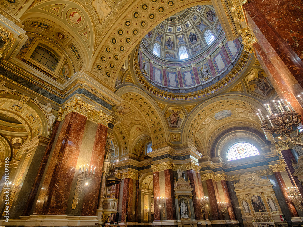 The interior decoration of St. Stephen's Basilica in Budapest