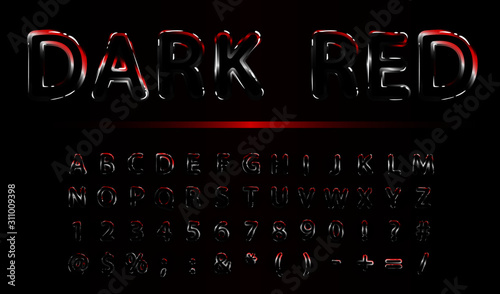 Glossy shiny dark red vector set of alphabet letters numbers and symbols - design concept font made of glass with black darkness inside