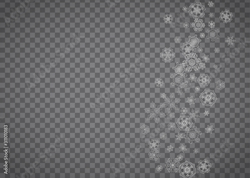 Isolated snowflakes on transparent grey background. Silver glitter snow. Horizontal Christmas and New Year design for party invitation, banner, sale. Winter window. Magic crystal isolated snowflakes