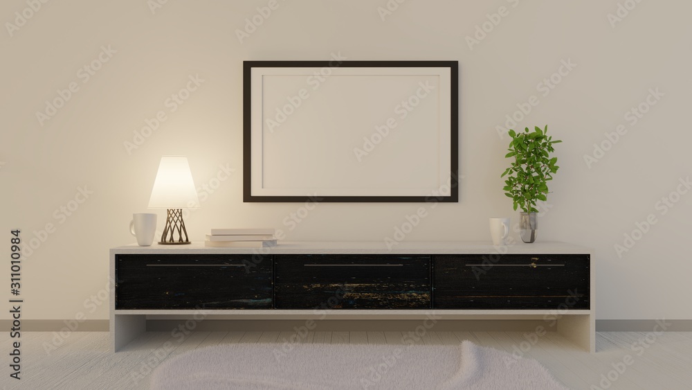 An empty poster on the wall above the console. Template for photos and lettering. 3D rendering. An empty poster on the wall above the console. Template for photos and lettering. 3D rendering.