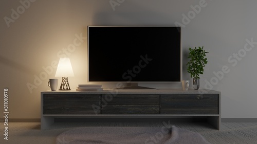 Modern living room with lcd tv at night. 3D rendering.