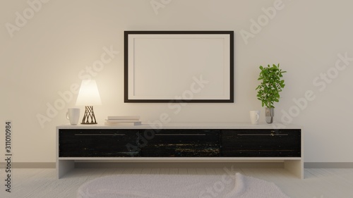 An empty poster on the wall above the console. Template for photos and lettering. 3D rendering.