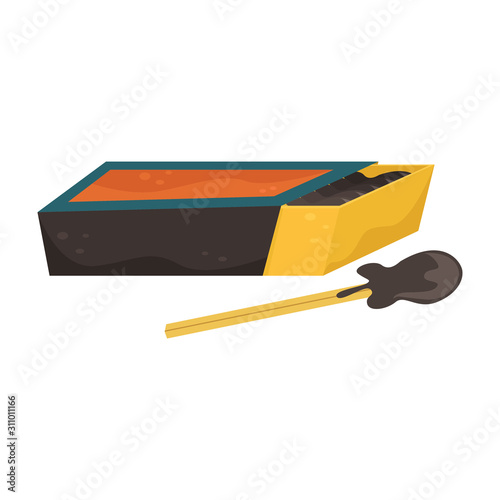 Flat vector illustration of a matchbox and matches near it.