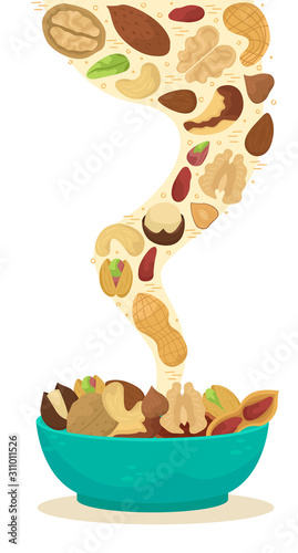 Vector illustration of nuts falling into a deep dish.