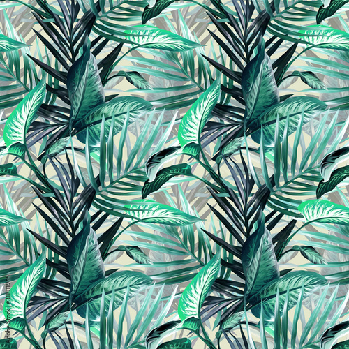 Tropical leaves seamless pattern. Artistic background.