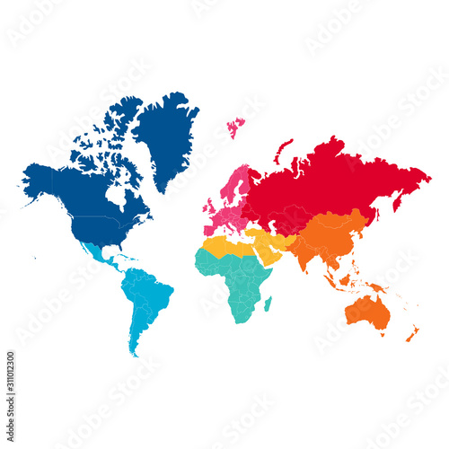 Political world map on white background, with every state labeled and selectable. Colored by continents. Versatile file, turn on an off visibility and color of each country in one click.