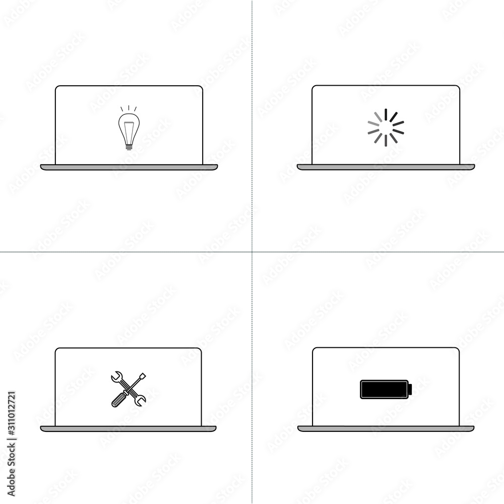 line icon symbol set, laptop screen concept, digital technology, network, cloud, data, security, wireless, battery, vector design line icon symbol set, laptop screen concept, digital technology, network, cloud, data, security, wireless, battery, vector design