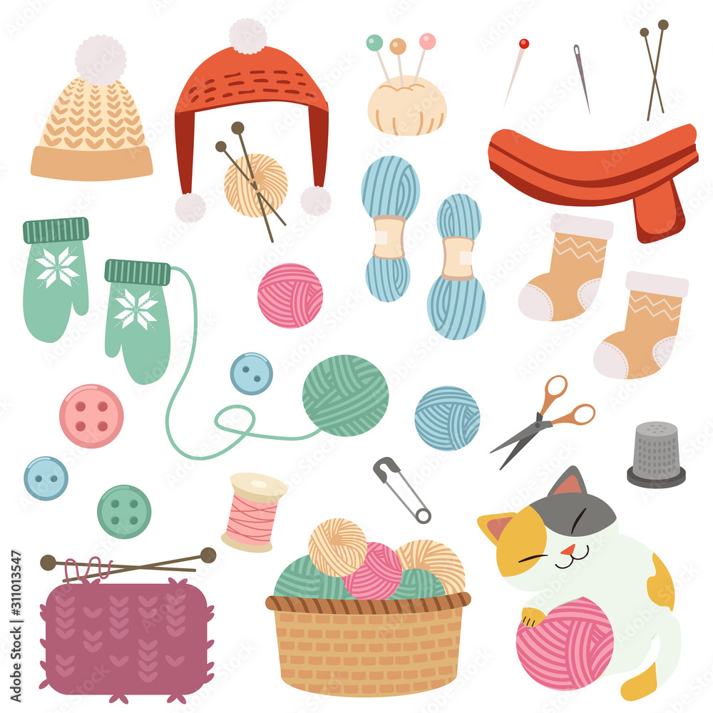 Fototapeta premium The collection of cute knitting set. have a ball of yarn in the big basket and scarf and winter hat and glove and sock in set. The character of cute cat playing with a yarn in flat vector style.