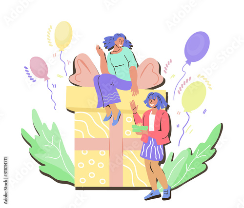 Online store or internet shop loyalty program promotion concept with people cartoon characters and gift box. Customers bonus and rewarding, gift and special offer. Flat vector illustration isolated.