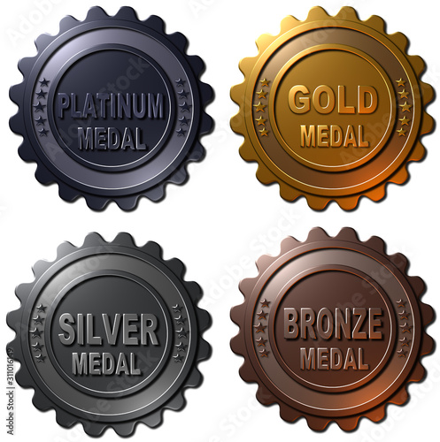 A set of four 3D rendered winner metallic badges, medals, seals or buttons including platinum, gold, silver and bronze medals.