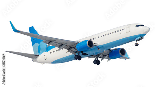 Flying modern passenger aircraft with landing gear isolated on a white background