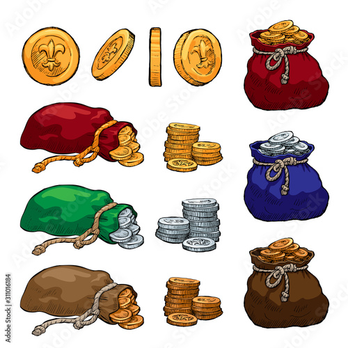 Set of hand drawn coins isolated