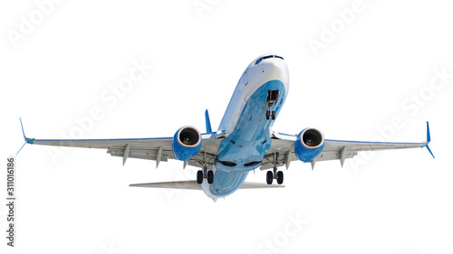 Flying modern passenger aircraft with landing gear isolated on a white background. Front view