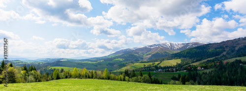 mountainous countryside landscape in spring. grassy meadow on top of a hill. mountain ridge with snow capped tops in the distance. sunny weather with clouds on the blue sky © Pellinni