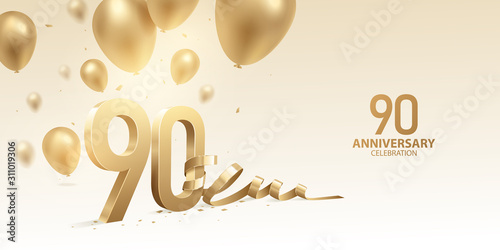90th Anniversary celebration background. 3D Golden numbers with bent ribbon, confetti and balloons. photo