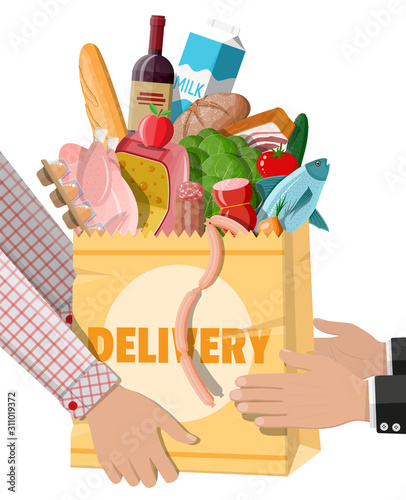 Shopping paper bag with fresh products in hand. Delivery concept. Grocery store, supermarket. Food and drinks. Milk, vegetables, meat, salad, bread cereal steak egg. Vector illustration flat style