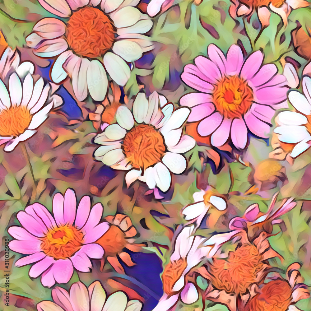 Seamless pattern of field flowers. Artistic background with daisy flowers.