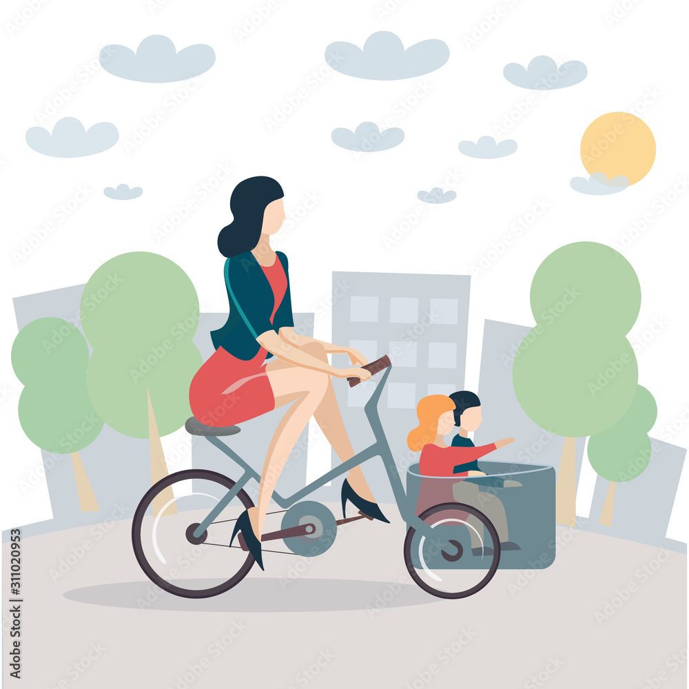 Young woman Biking with two Kids Family Cargo tricycle, concept flat  vector illustration 