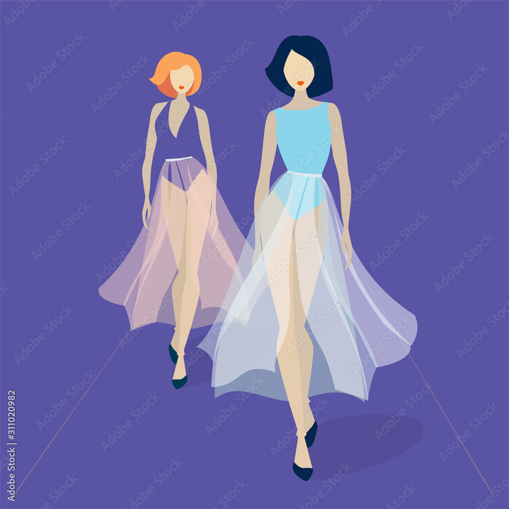 Two beautiful models in long tulle dress on fashion show podium flat vector illustration Two beautiful models in long tulle dress on fashion show podium flat vector illustration