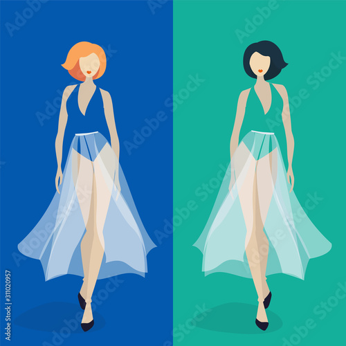 Two beautiful fashion models in long tulle dress walking on podium show  vector illustration