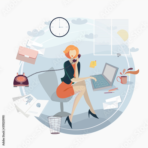 Busy woman is working hard and talking phone in office concept flat vector illustration 