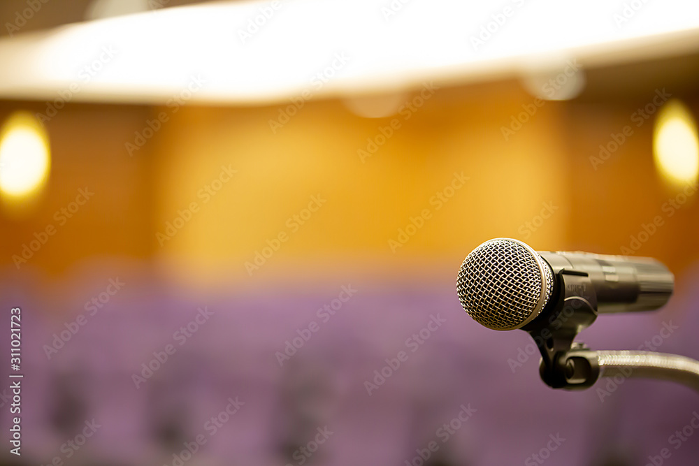 Microphone on the stand for public speaking,Welcoming or Congratulations Speech for Work Success Concept. Microphone on the stand for public speaking,Welcoming or Congratulations Speech for Work Success Concept.