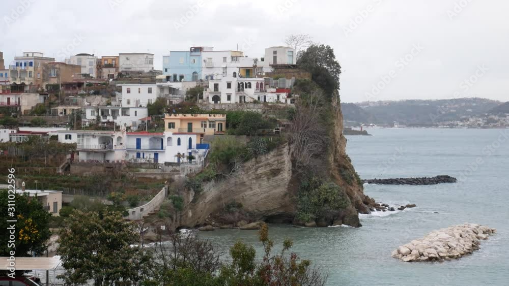a beautiful panorama of Bacoli with beach of the hillock (Spiaggia del Poggio). Campi Flegrei regional park (The Phlegraean Fields), Campania, Naples, Italy