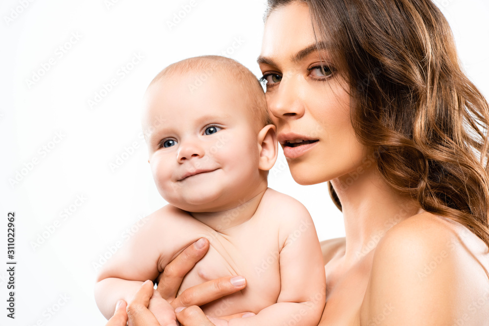 portrait of attractive nude mother holding baby, isolated on white portrait of attractive nude mother holding baby, isolated on white