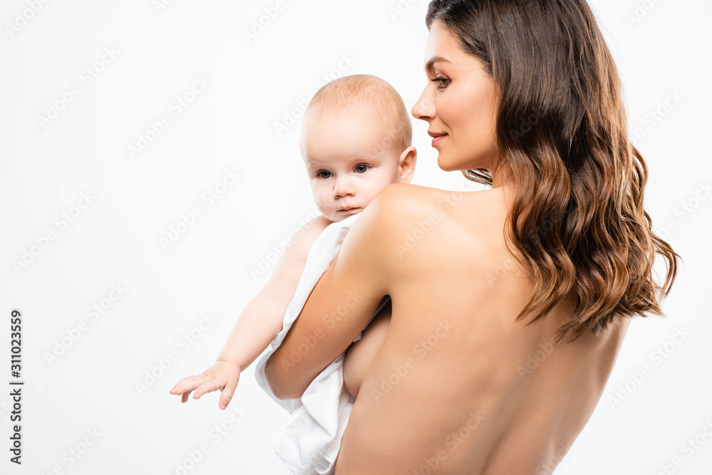 portrait of tender naked mother holding baby, isolated on white portrait of tender naked mother holding baby, isolated on white